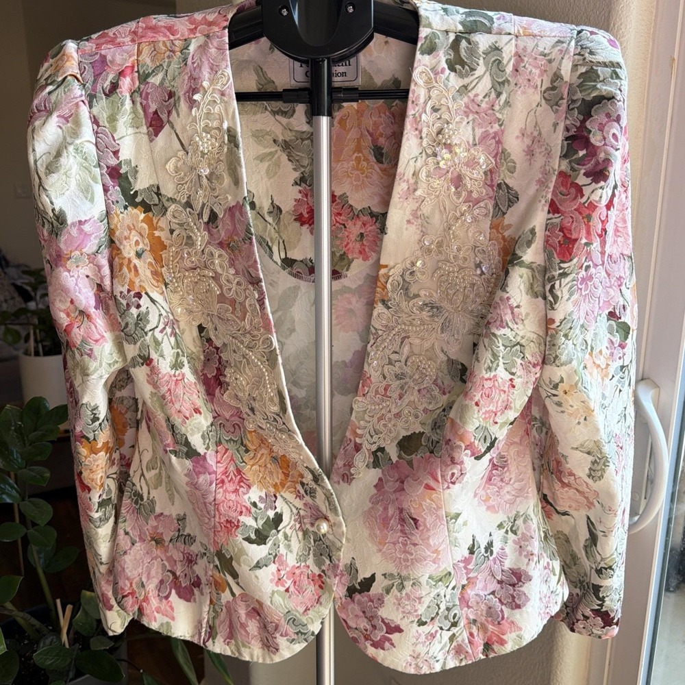 Vintage Nah Nah Collection Floral Blazer 14 Lace Pearl Appliqué CottageCore 80s